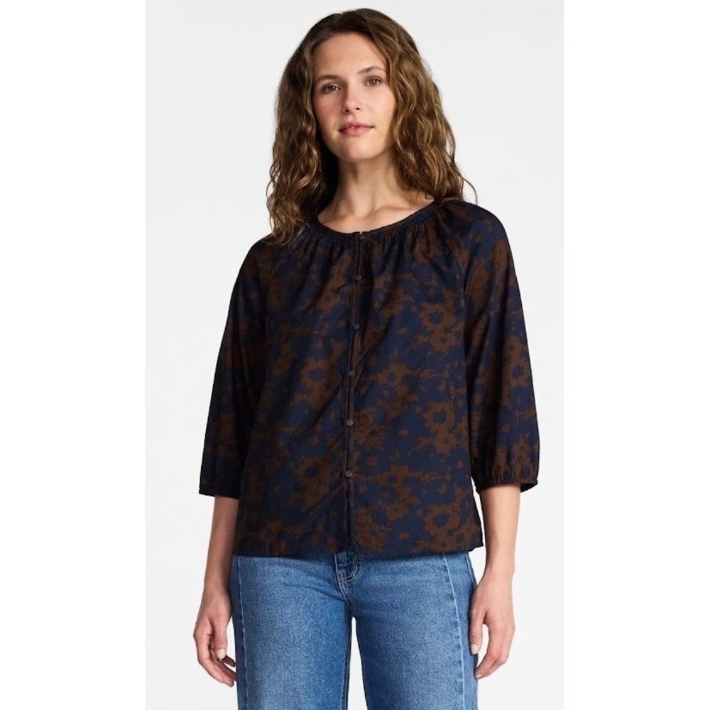 Time and Tru Cotton Button Front Blouse‎ 3/4 Sleeve Navy Brown Floral XS 0-2